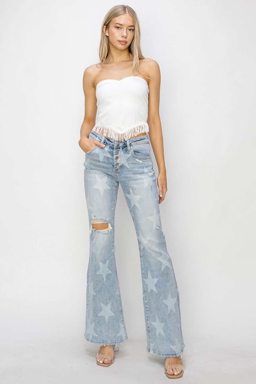 RISEN Mid Rise Button Fly Start Print Flare Jeans