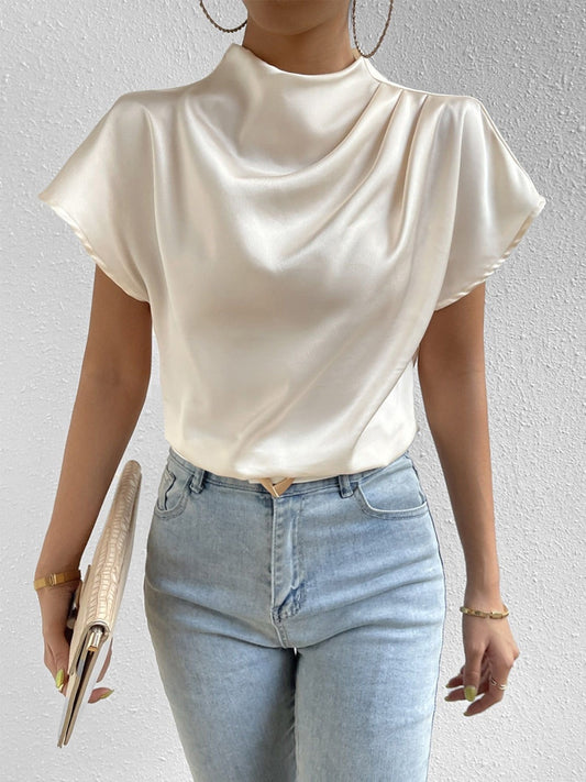 Ruched Mock Neck Short Sleeve Blouse