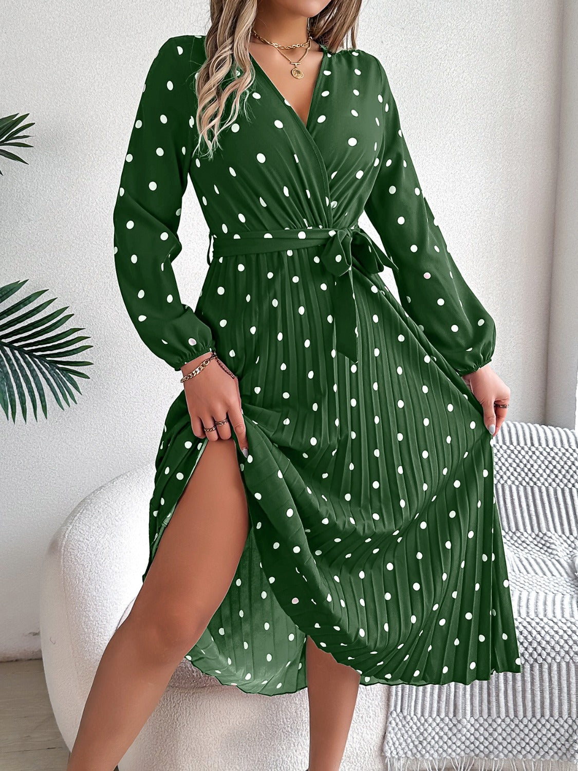 Tied Polka Dot Long Sleeve Midi Dress