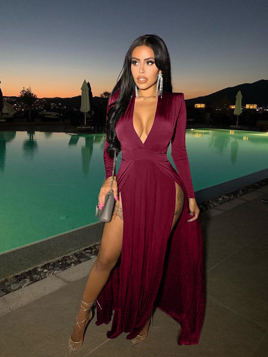 Slit Plunge Long Sleeve Dress