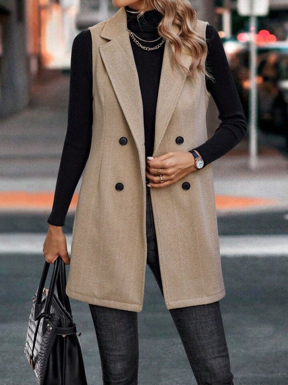 Buttoned Collared Neck Longline Vest Coat