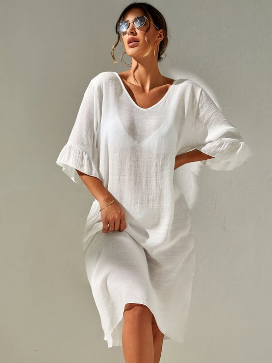 Slit V-Neck Flounce Sleeve Cover-Up