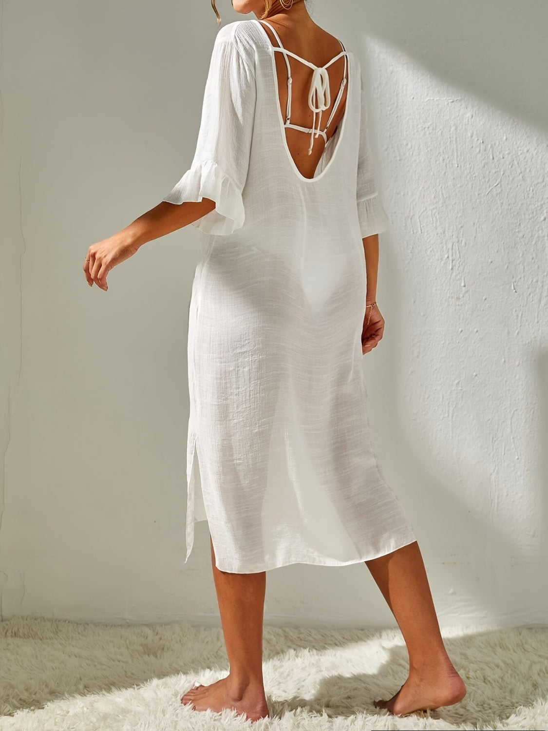 Slit V-Neck Flounce Sleeve Cover-Up