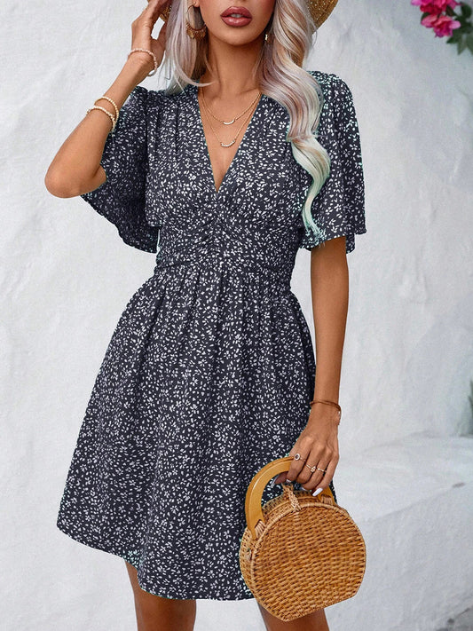 Printed V-Neck Half Sleeve Mini Dress