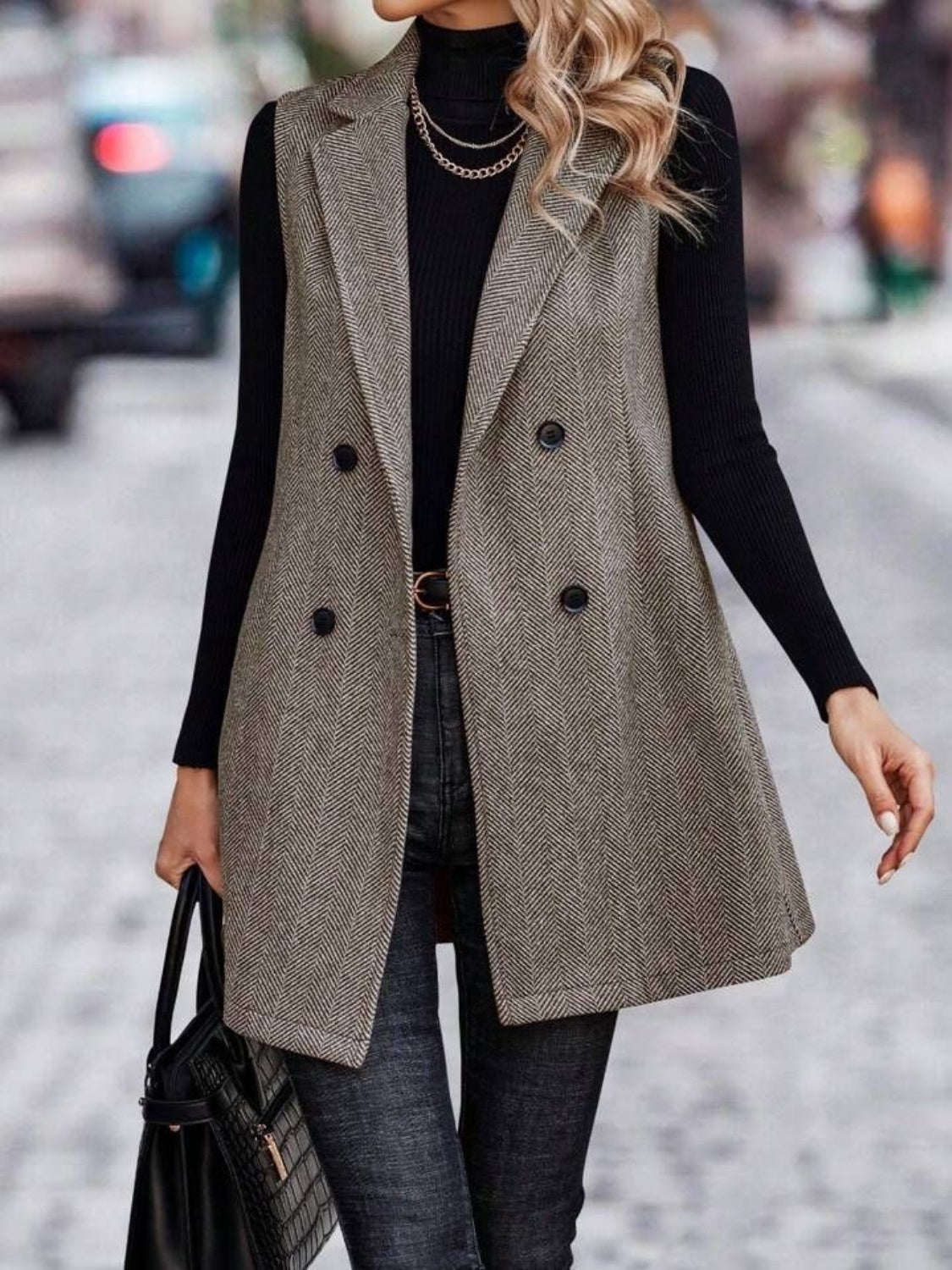 Buttoned Collared Neck Longline Vest Coat