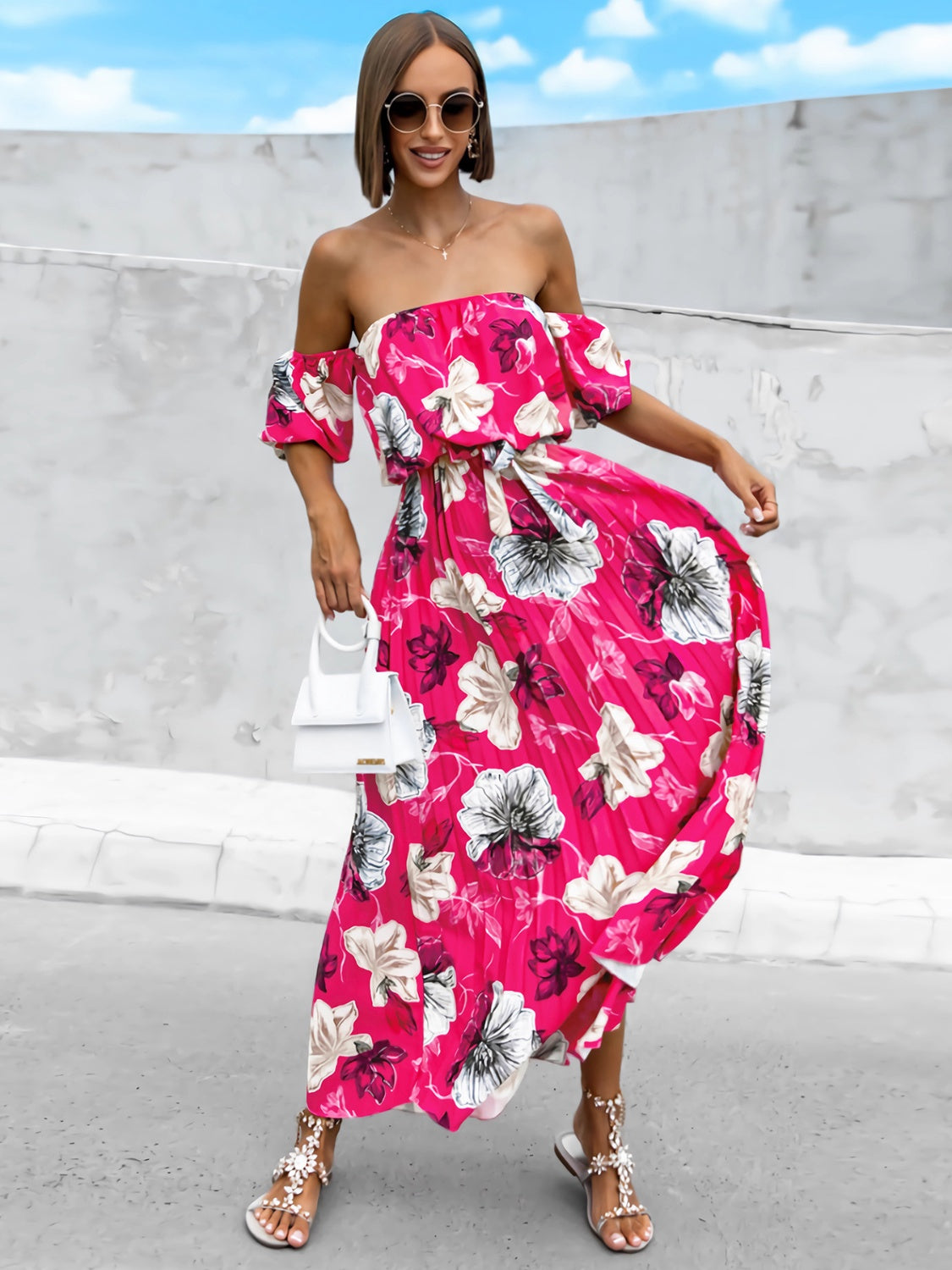 Pleated Floral Off-Shoulder Short Sleeve Midi Dress