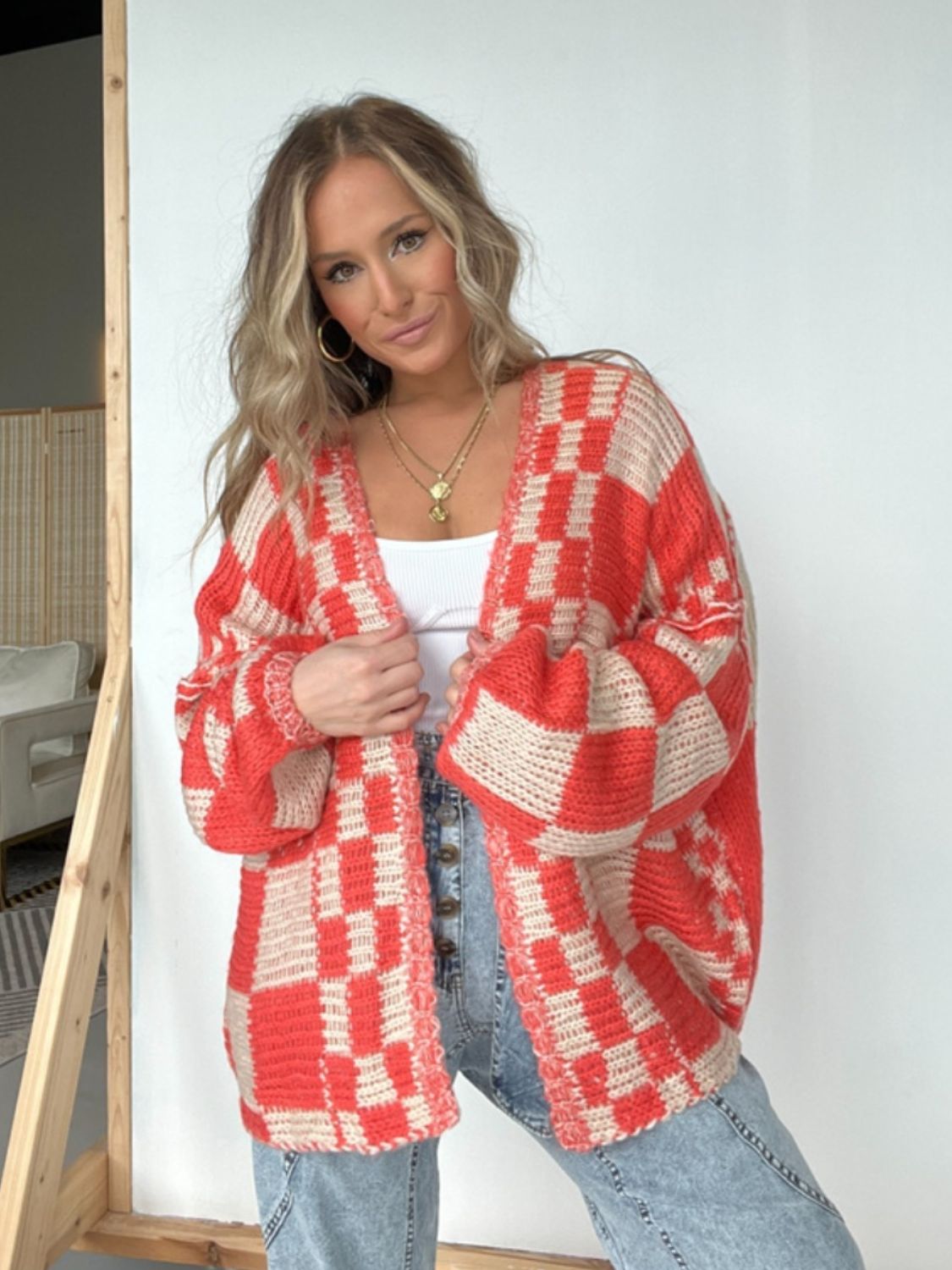 Plaid Open Front Long Sleeve Cardigan