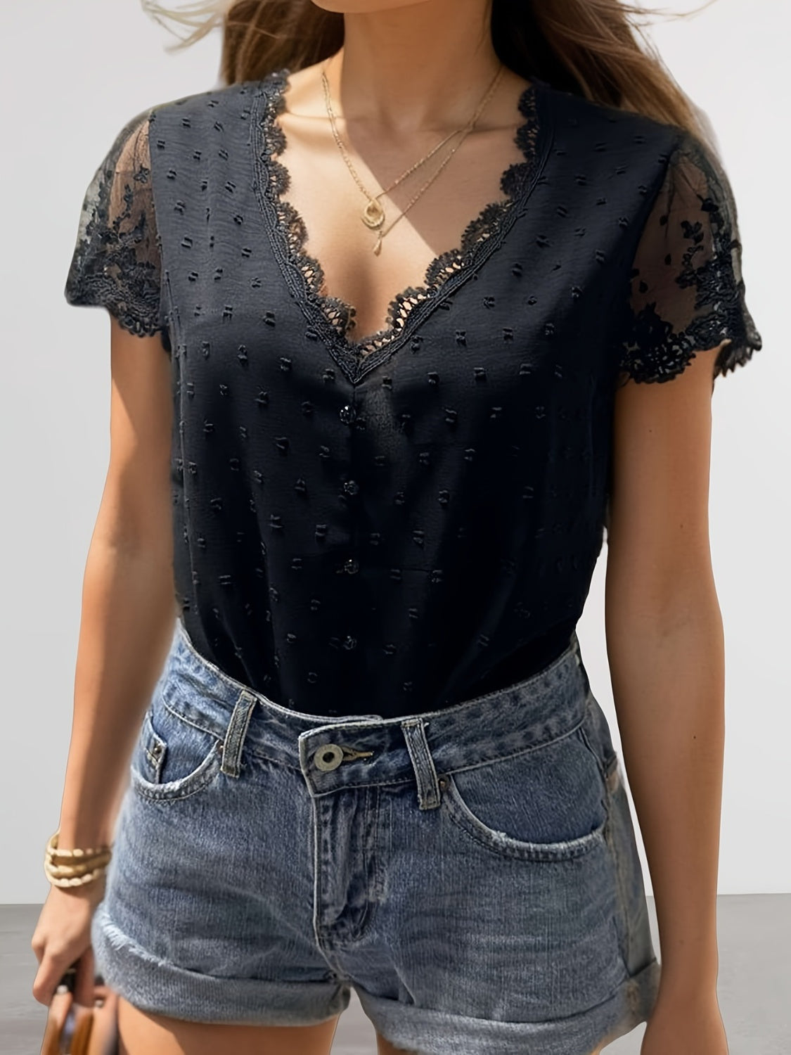 Swiss Dot Lace Detail V-Neck Cap Sleeve Blouse