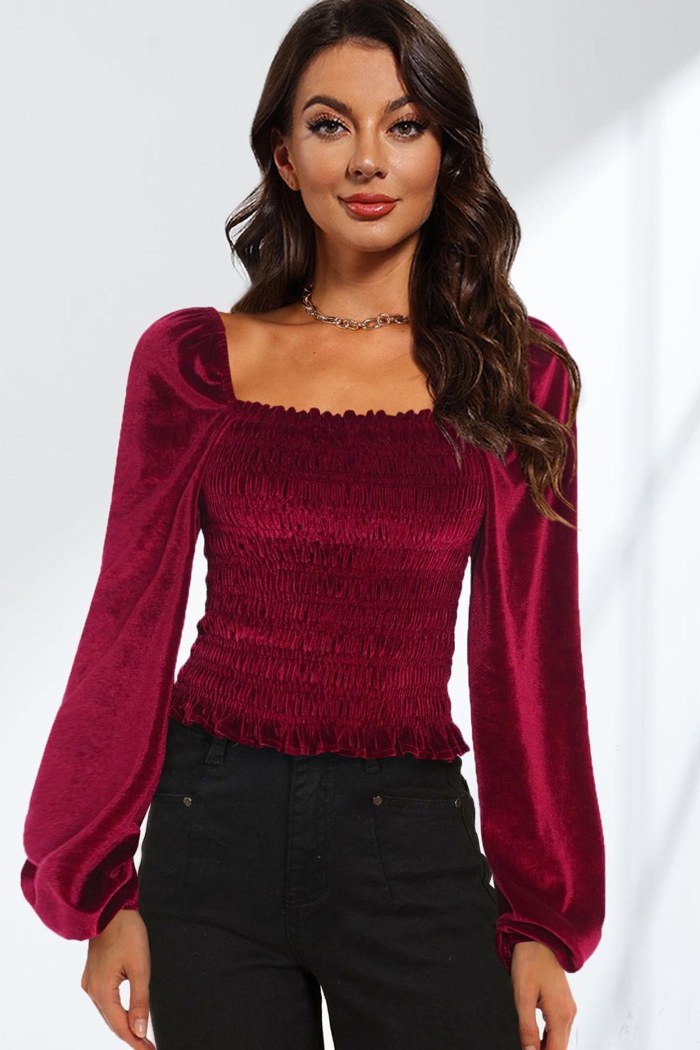 Double Take Smocked Square Neck Long Sleeve Blouse