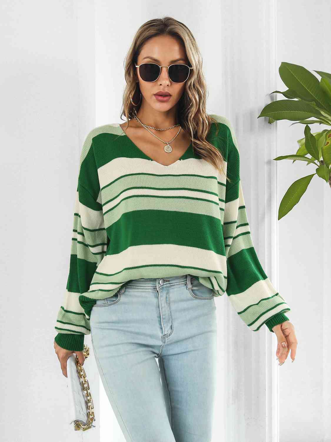 Striped V-Neck Long Sleeve Knit Top