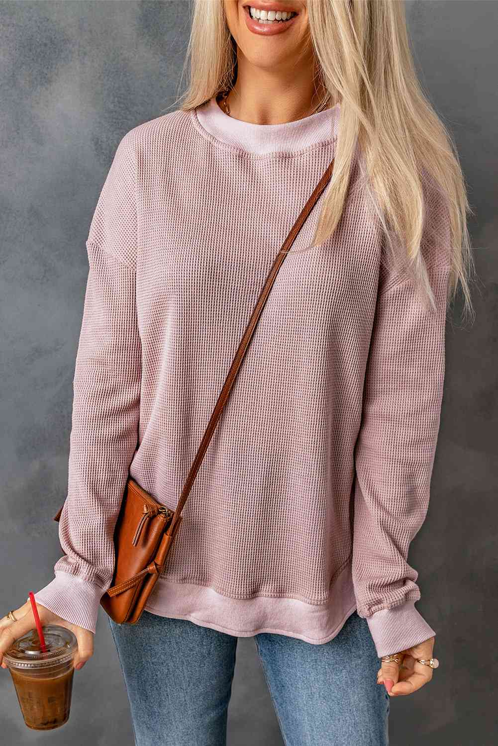 Waffle-Knit Crewneck Drop Shoulder Top