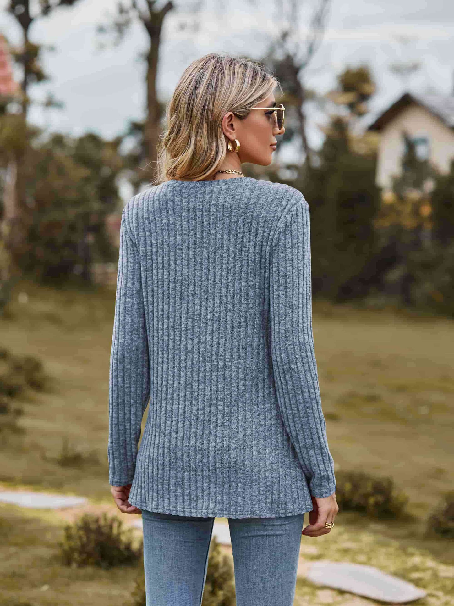 Ribbed Round Neck Long Sleeve Tee