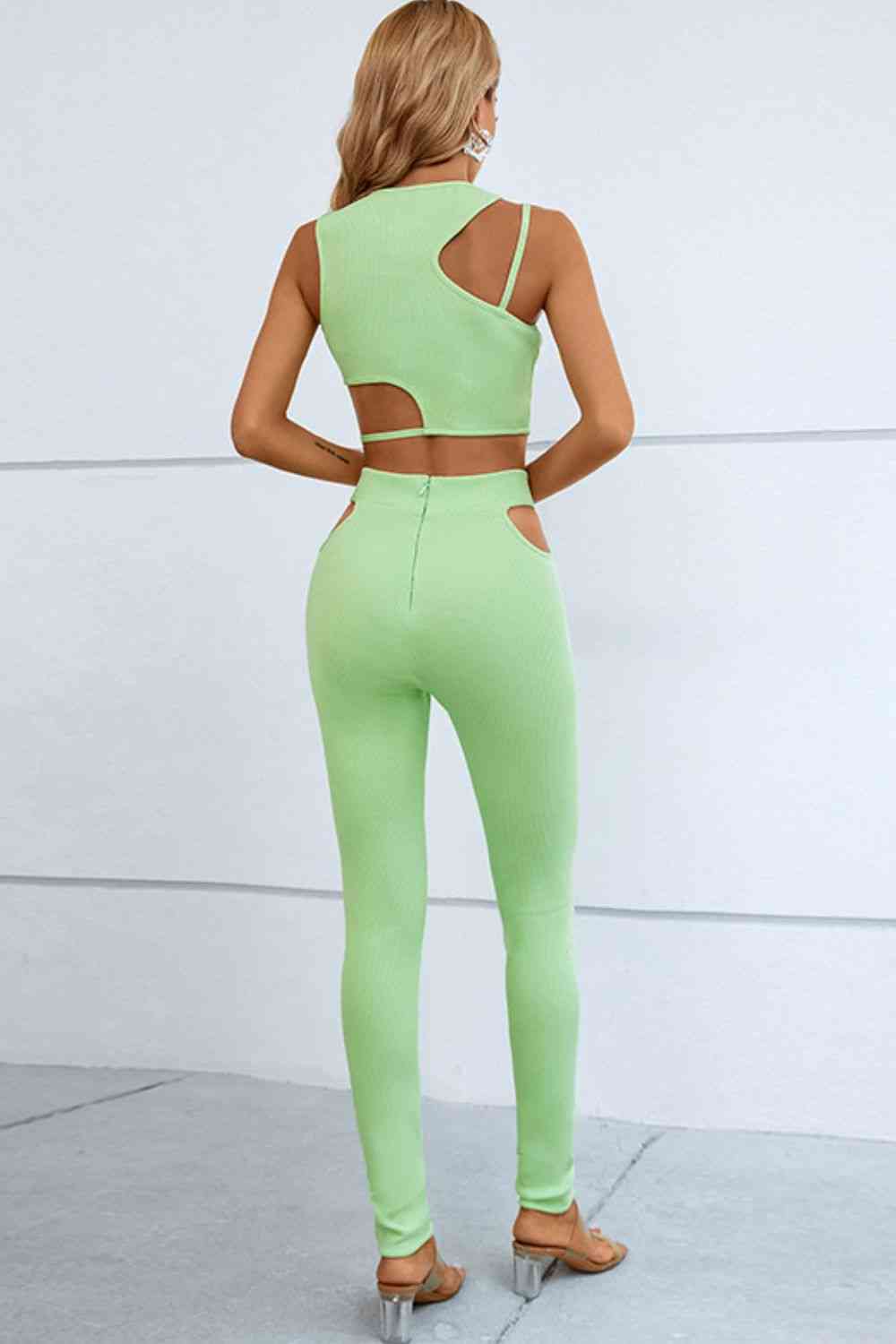 Asymmetrical Ribbed Cutout Tank and Pants Set