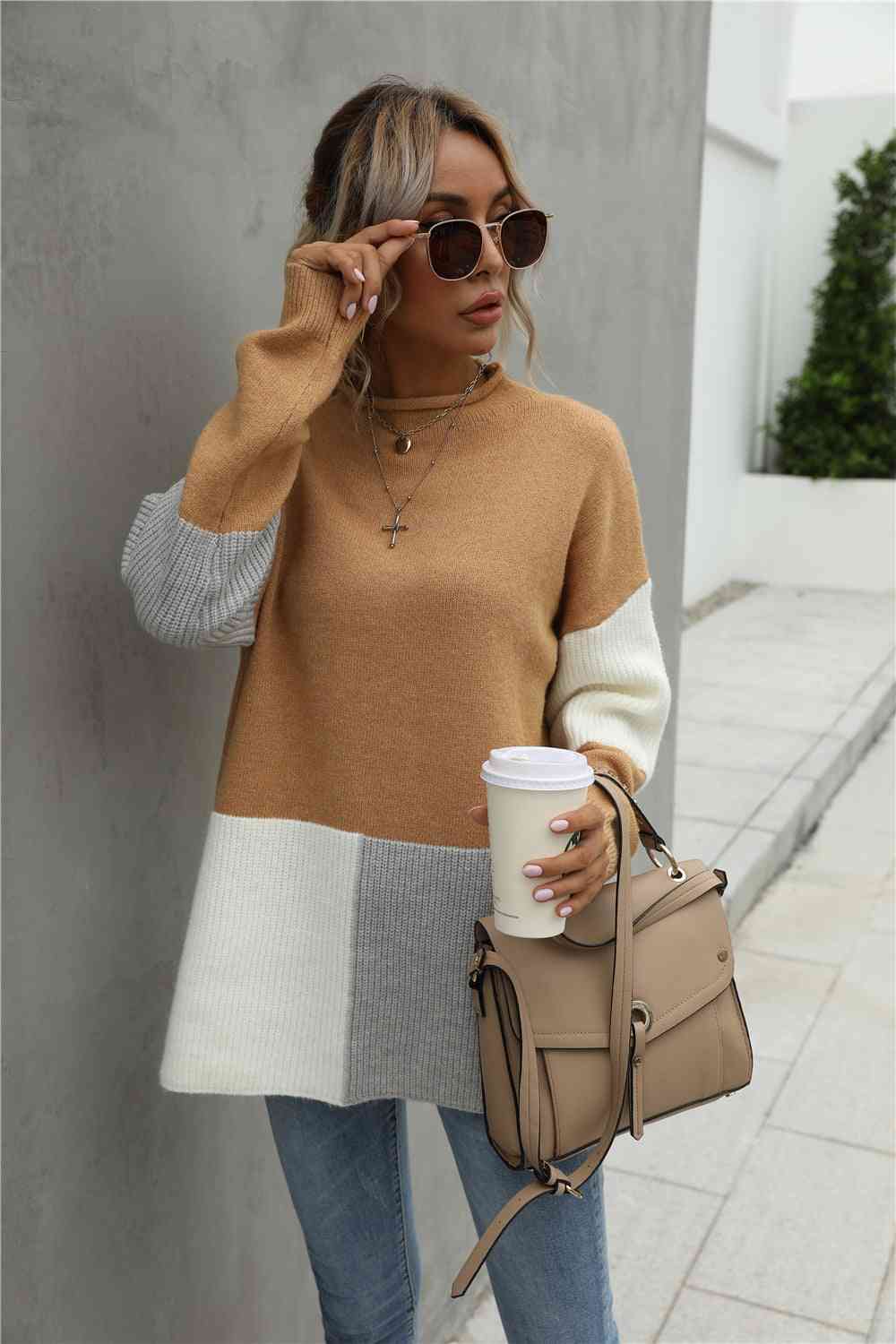 Color Block Round Neck Dropped Shoulder Sweater