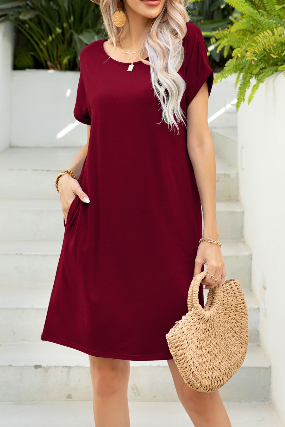 Scoop Neck Short Sleeve Pocket Dress