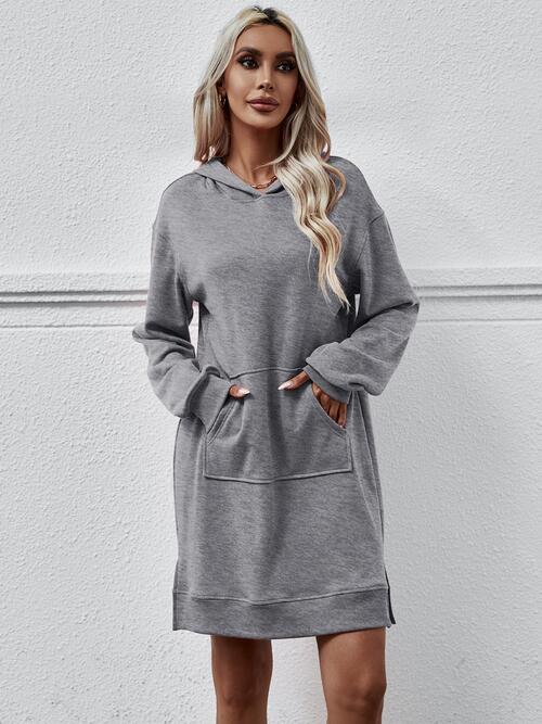 Slit Long Sleeve Hooded Dress with Pocket