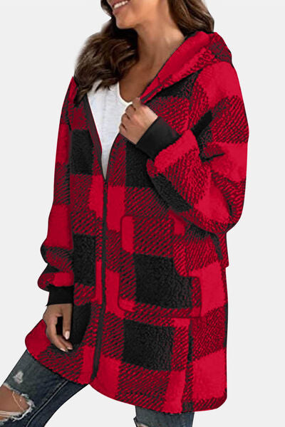 Double Take Full Size Plaid Long Sleeve Hooded Coat