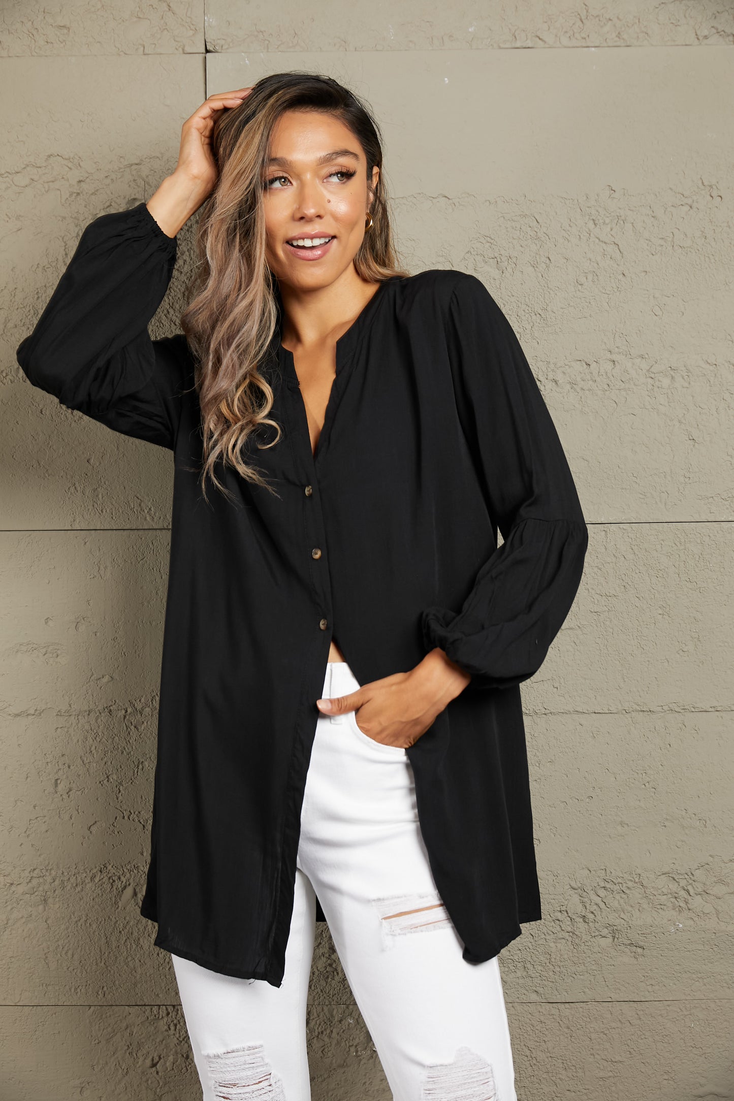 Double Take Notched Neck Balloon Sleeve Shirt