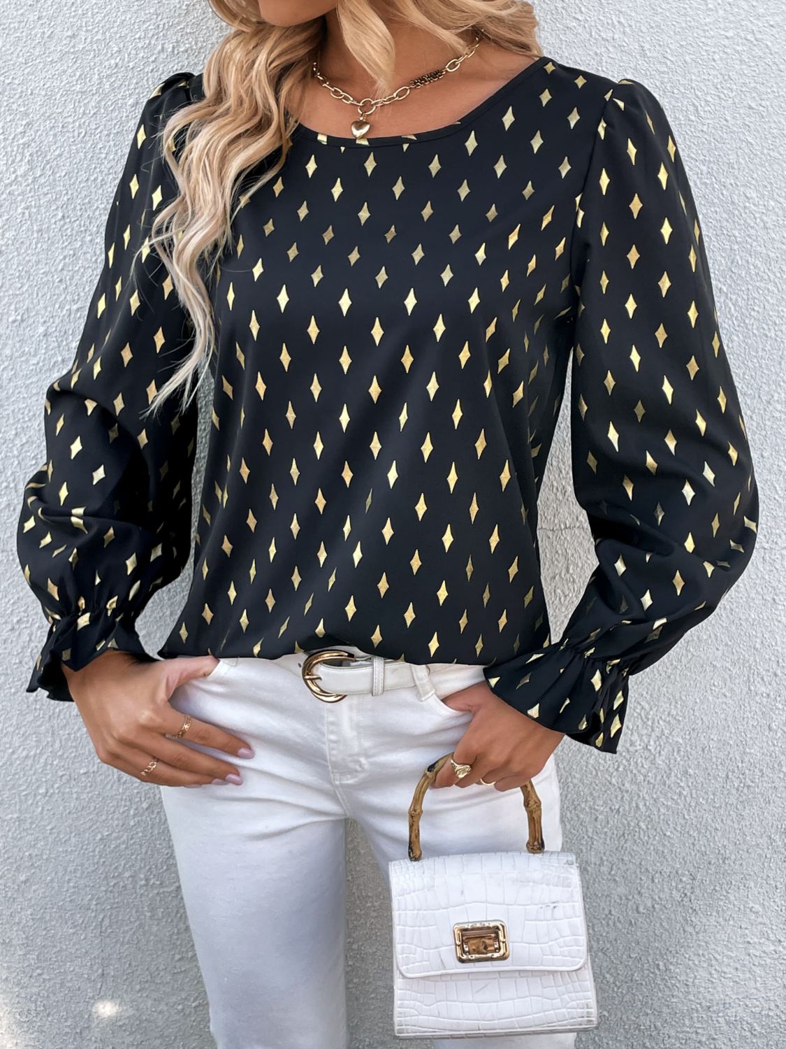 Double Take Printed Round Neck Flounce Sleeve Blouse