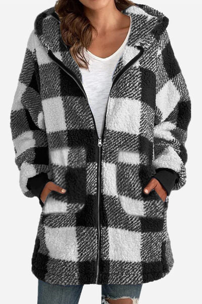 Double Take Full Size Plaid Long Sleeve Hooded Coat