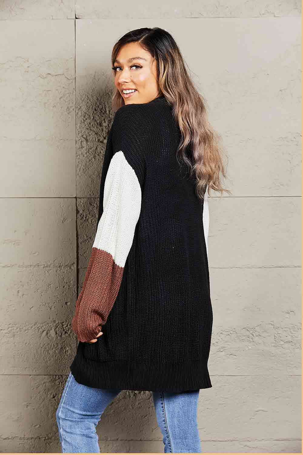 Double Take Tricolor Dropped Shoulder Cardigan with Pockets