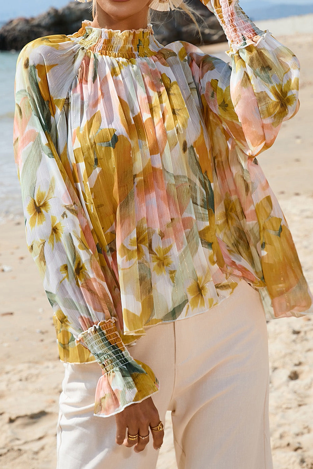 Floral Flounce Sleeve Mock Neck Blouse