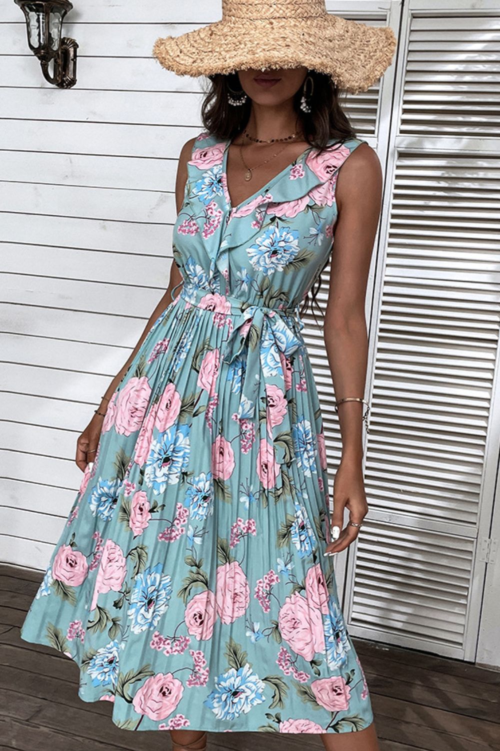 Floral Tie-Waist Sleeveless Pleated Midi Dress