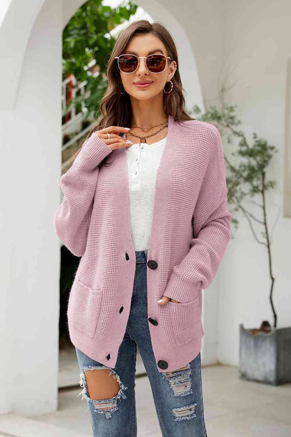 Button Up Drop Shoulder Long Sleeve Cardigan