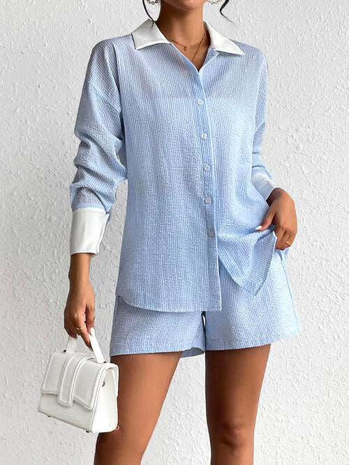 Texture Button Up Shirt and Shorts Set