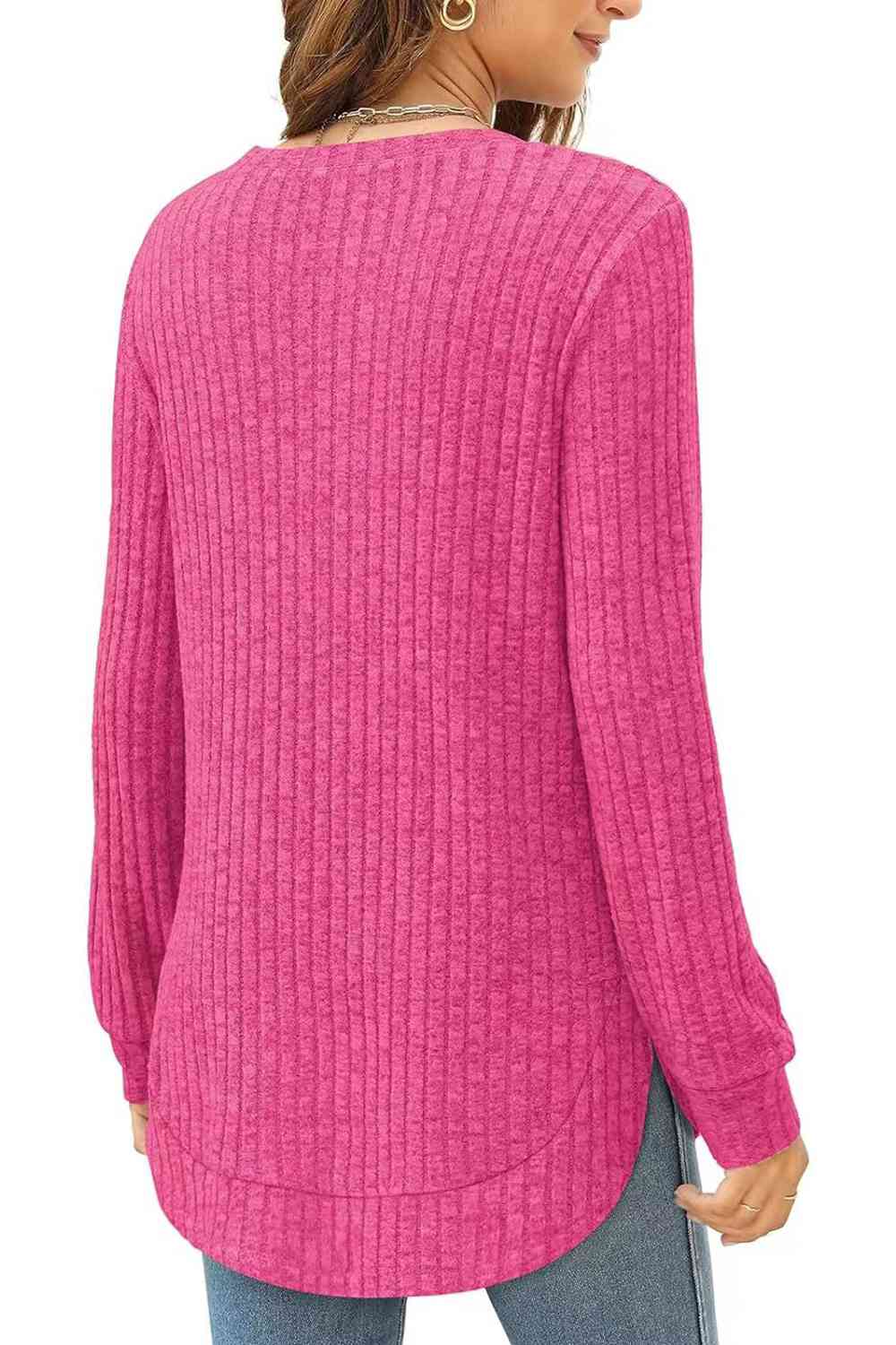 Ribbed Round Neck Long Sleeve T-Shirt