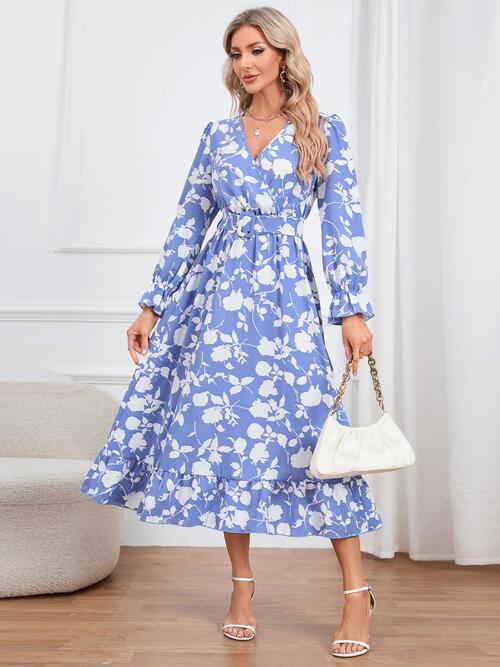 Floral Surplice Flounce Sleeve Ruffle Hem Dress