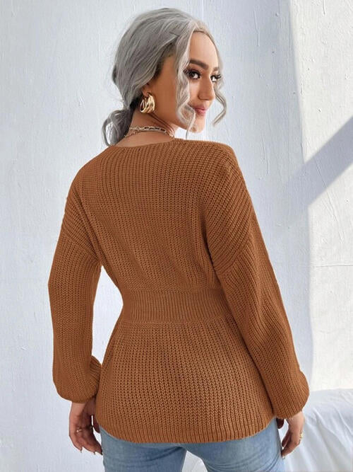 Notched Dropped Shoulder Knit Top