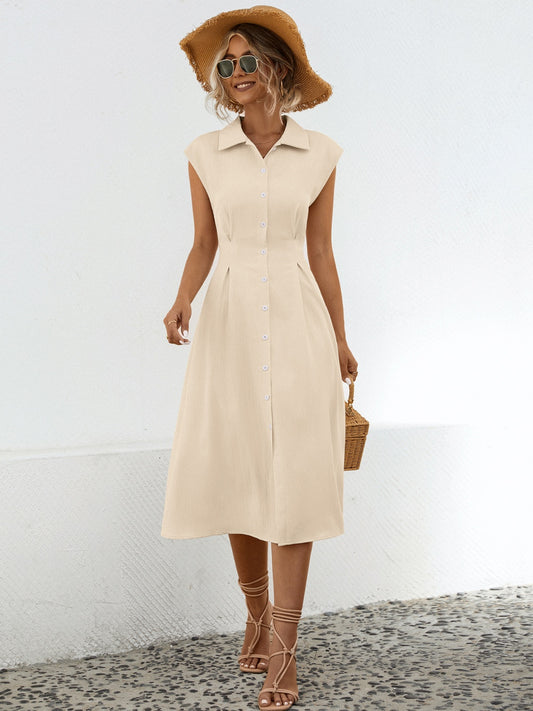 Button Up Cap Sleeve Midi Dress