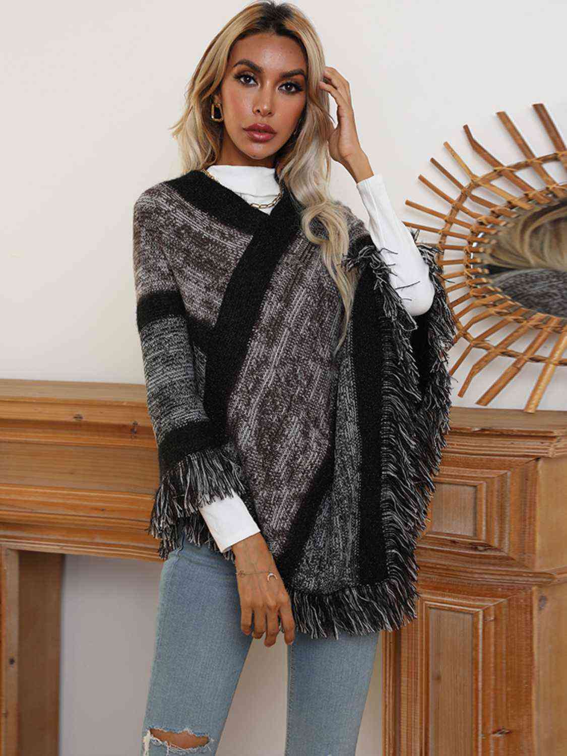 V-Neck Poncho with Fringes