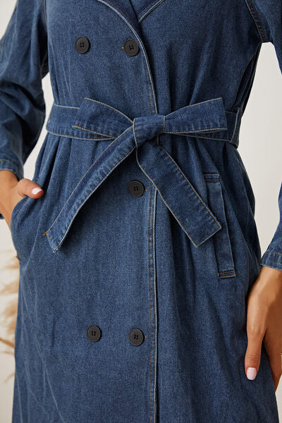 Double-Breasted Belted Longline Denim Jacket