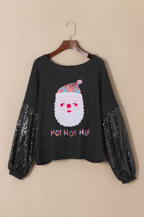 Waffle-Knit Santa Graphic Sequin Long Sleeve Blouse