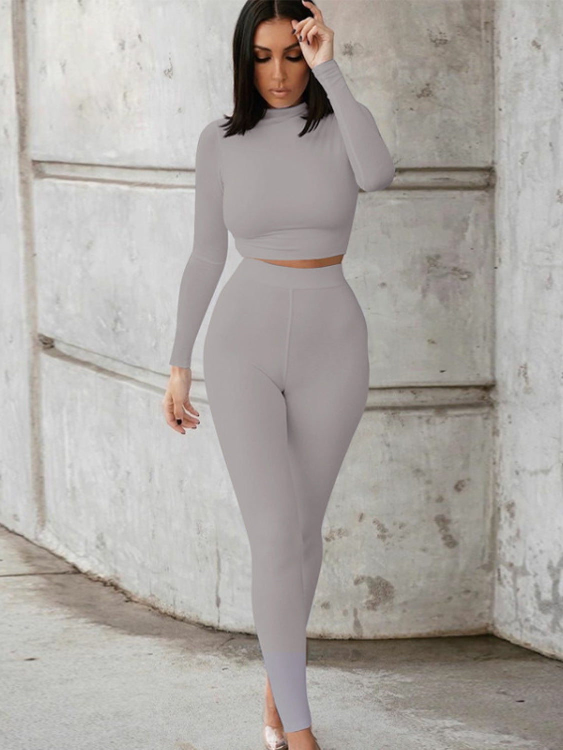 Mock Neck Long Sleeve Top and High Waist Pants Set