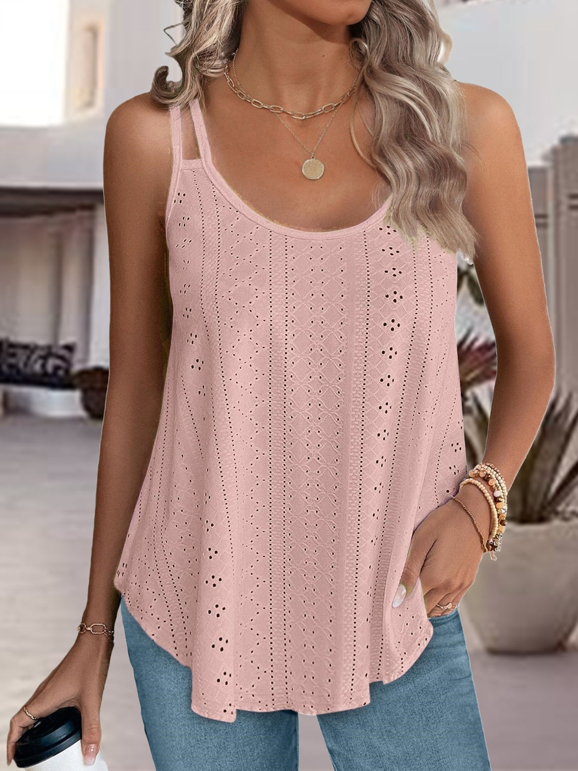 Eyelet Scoop Neck Spaghetti Strap Cami