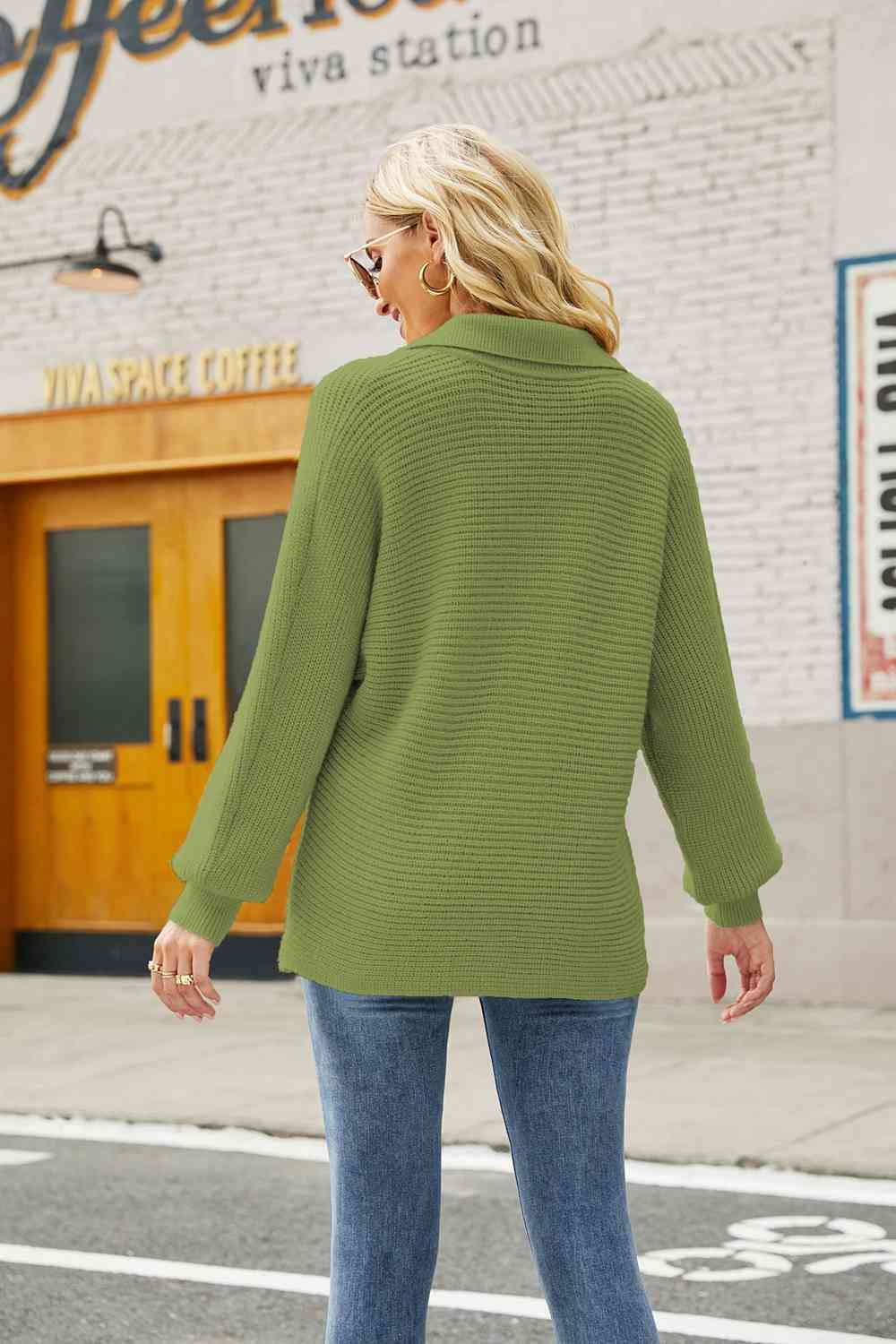 Double Take Horizontal Ribbing Johnny Collar Sweater