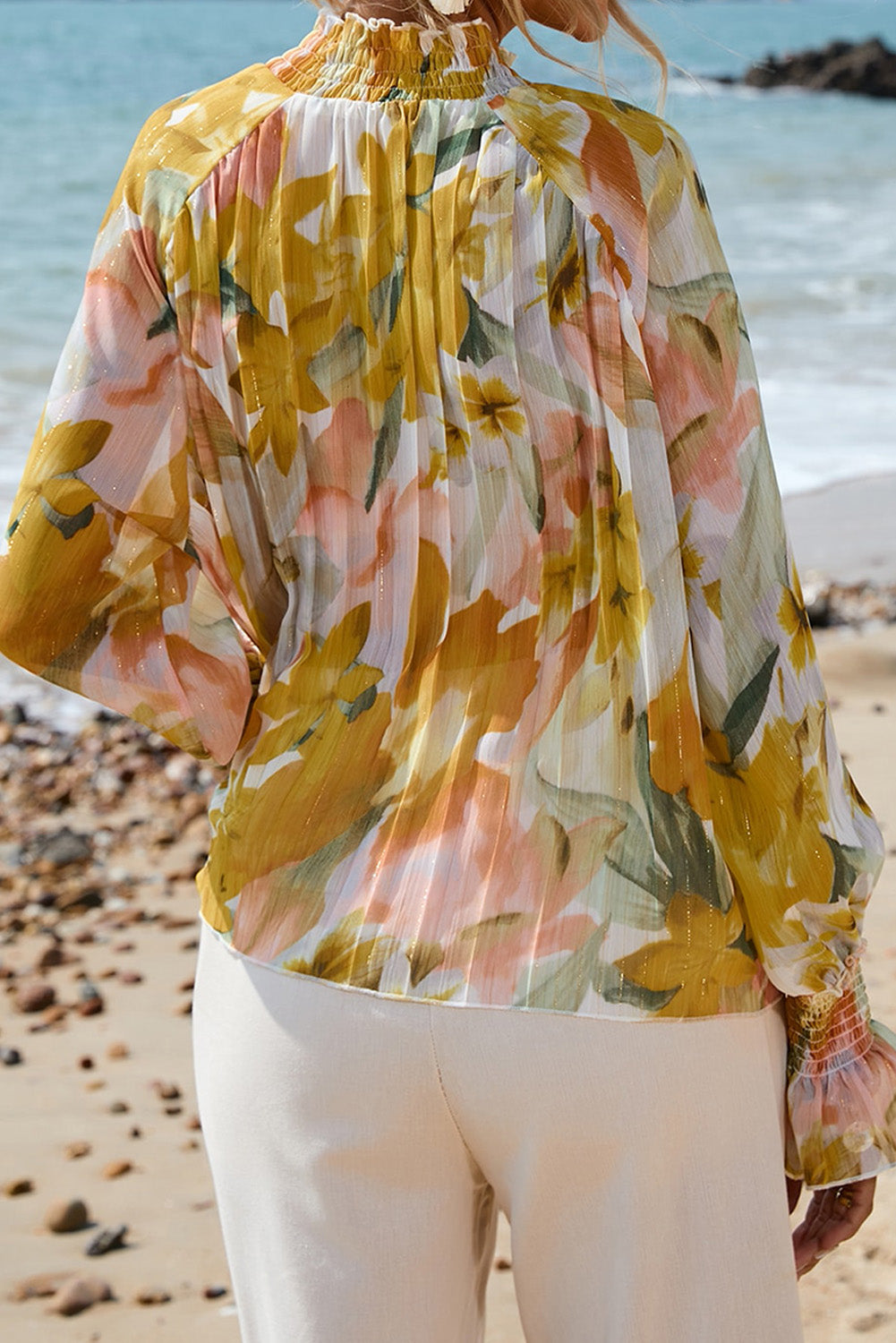 Floral Flounce Sleeve Mock Neck Blouse