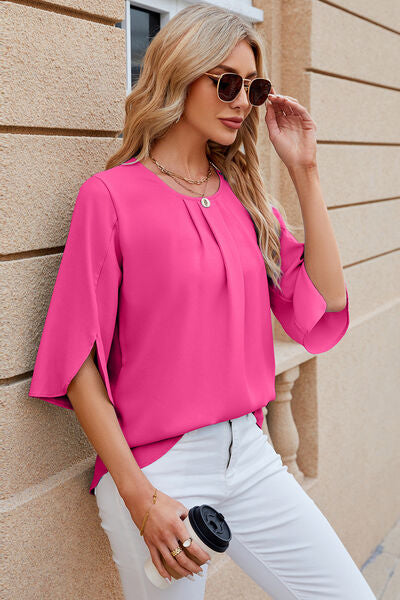 Round Neck Slit Half Sleeve Top