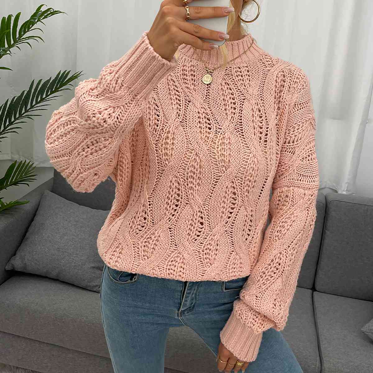 Cable-Knit Mock Neck Long Sleeve Sweater