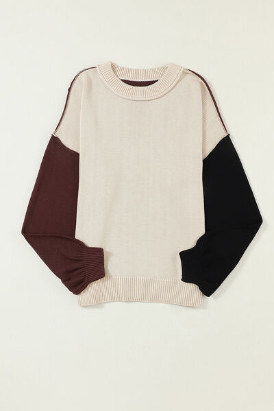 Contrast Round Neck Dropped Shoulder Sweater