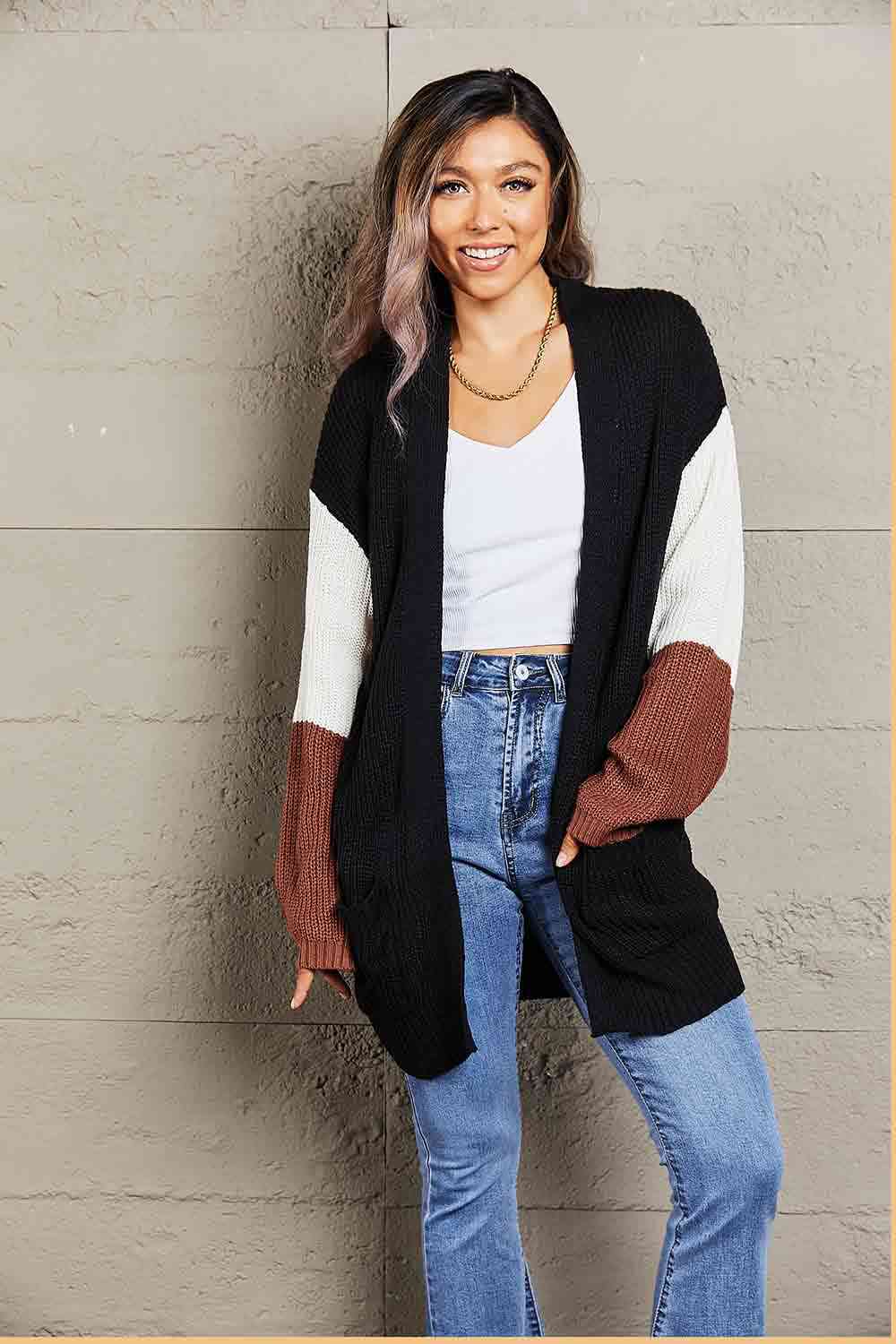 Double Take Tricolor Dropped Shoulder Cardigan with Pockets