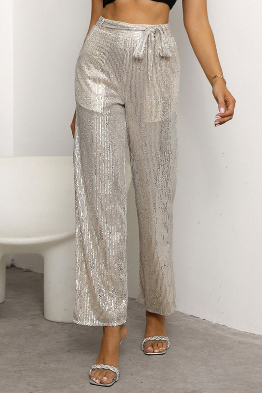 Sequin Tie Waist Straight Leg Pants