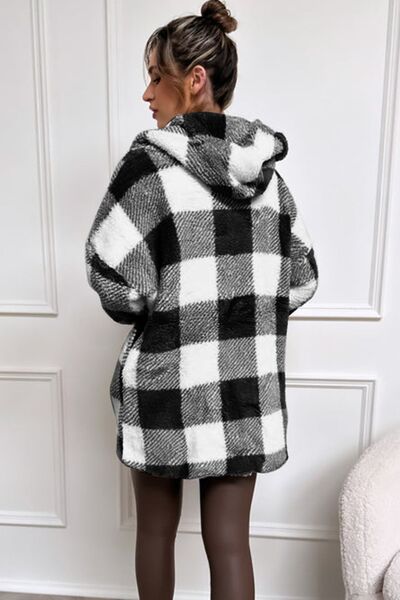 Double Take Full Size Plaid Long Sleeve Hooded Coat