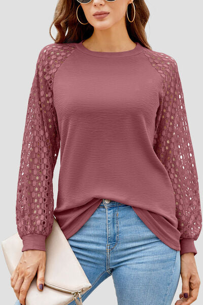 Full Size Eyelet Round Neck Long Sleeve T-Shirt