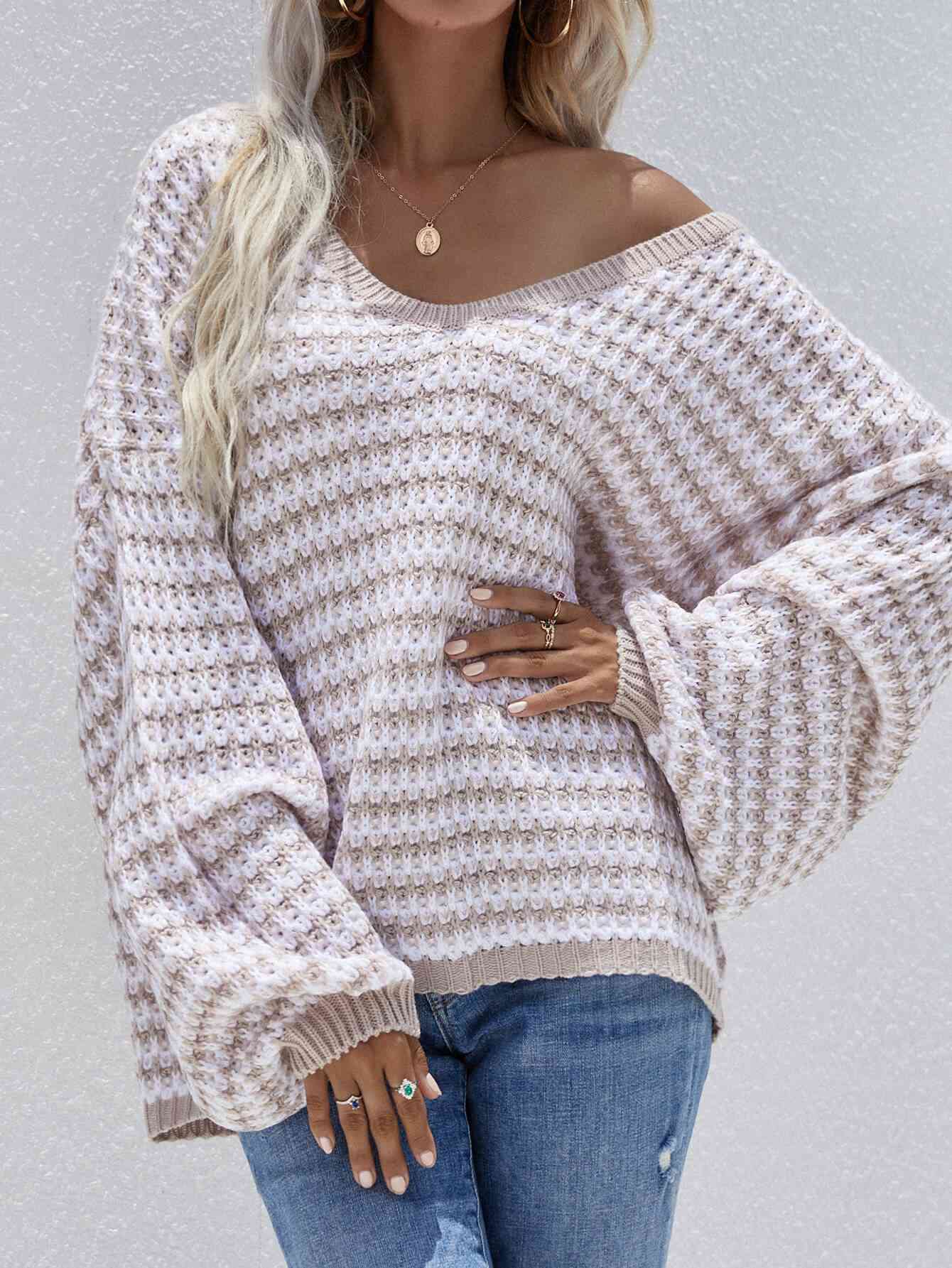 Striped Drop Shoulder V-Neck Pullover Sweater