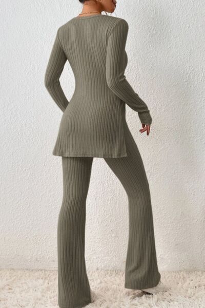 Ribbed Long Sleeve Slit Top and Bootcut Pants Set