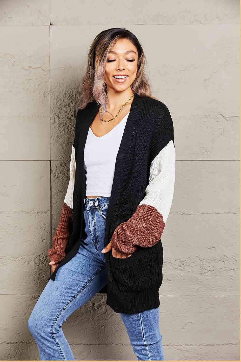 Double Take Tricolor Dropped Shoulder Cardigan with Pockets